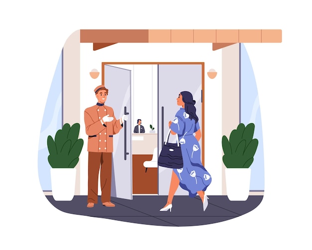 Vector portero del hotel abriendo la puerta para la invitada porter en uniforme saludando al cliente en la entrada entrada al vestíbulo servicio de hospitalidad ilustración vectorial plana aislada sobre fondo blanco