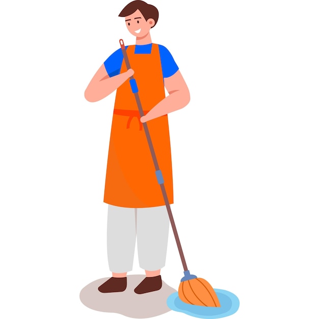 El portero limpiando el piso en el icono vectorial de la panadería aislado en blanco