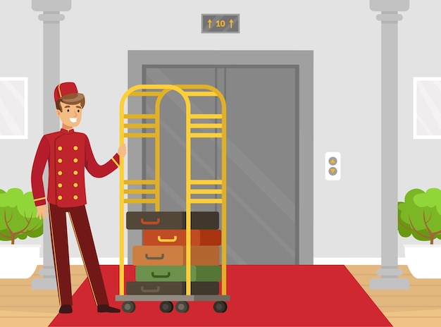 Portero o portero como personal de hotel en uniforme llevando equipaje Ilustración vectorial
