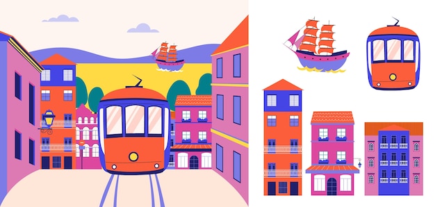 Portugal ilustración e íconos en diseño dibujado a mano