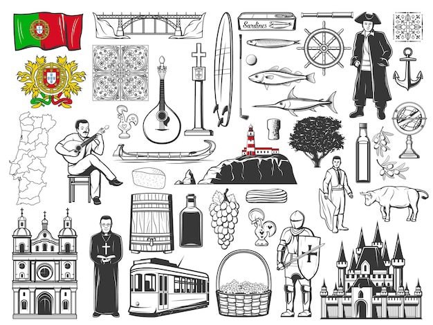 Portugal lisboa viajes, iconos vectoriales portugueses de tranvía, comida y música fado, cultura y monumentos de la ciudad. portugal viajes bandera, mapa y símbolo del gallo, sardinas tradicionales de lisboa y arquitectura