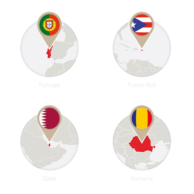 Portugal Puerto Rico Qatar Rumania mapa y bandera en círculo