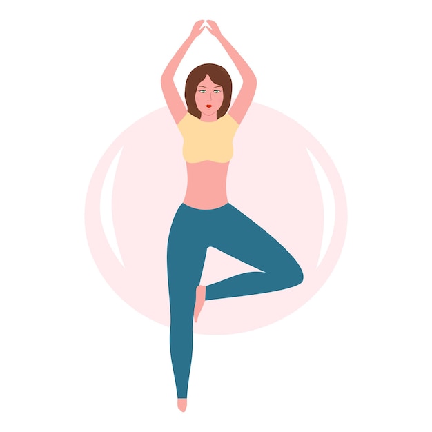 Pose de árbol una niña realiza un vector plano de yoga asana Belleza y deporte