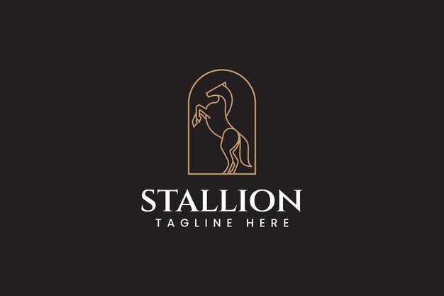 pose de caballo de pie estilo de arte de línea con marco plantilla de diseño de logotipo moderno