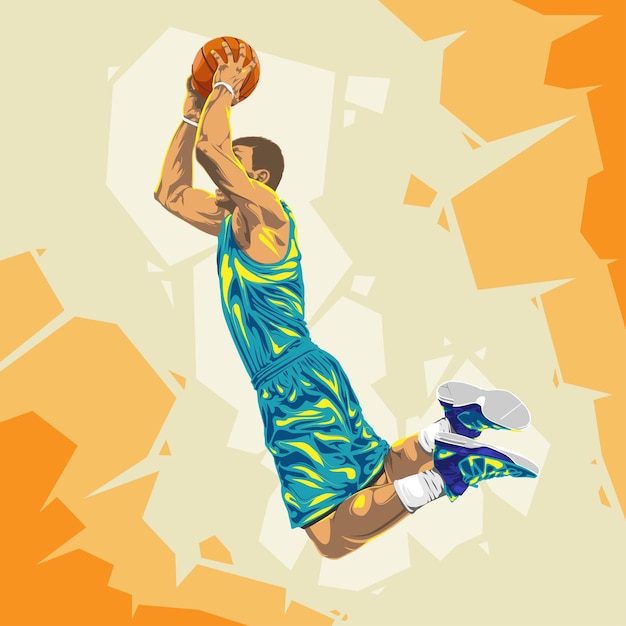 Vector pose de jugador de baloncesto slam dunk