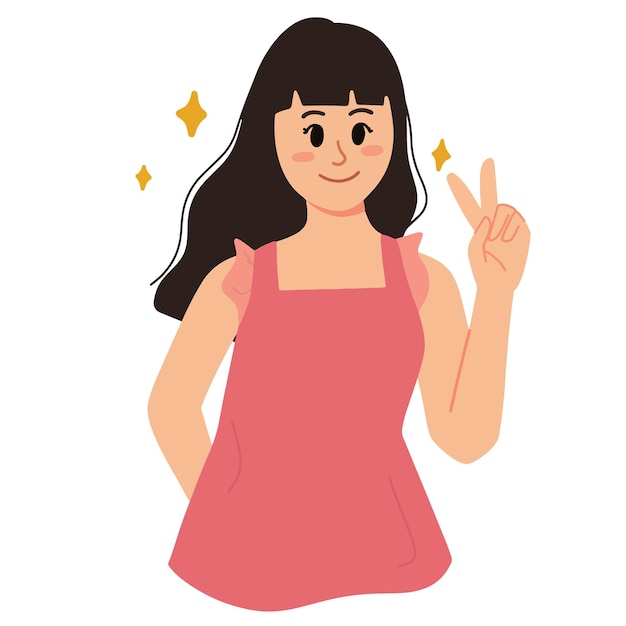 Vector pose de mujer con paz dos dedos ilustración feliz bastante atractiva