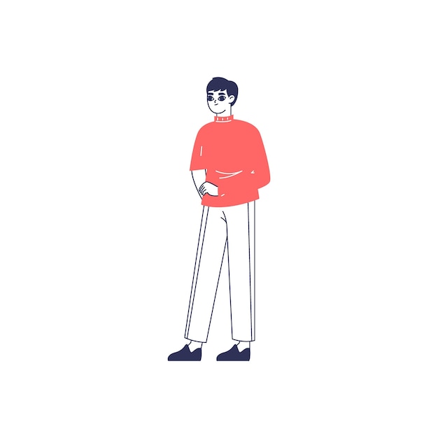 Pose de una persona con ropa naranja y blanca.