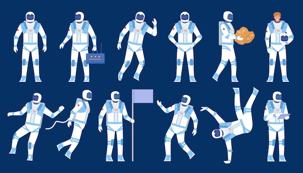 Poses de astronauta. Bailarín del astronauta, de pie con la bandera, flotar en el espacio. Personaje plano en traje de cosmonauta y casco. Conjunto de vectores de exploradores cósmicos. Ilustración astronauta y astronauta, personajes de cosmonauta.
