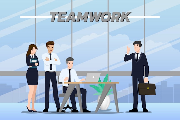 Poses de trabajo en equipo de empresario.