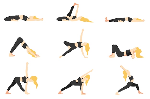 Poses de yoga rubia femenina en estilo plano de dibujos animados