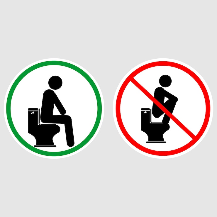 Vector posición de asiento correcta al defecar pegatina y vector de etiqueta