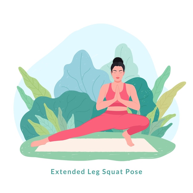 Posición en cuclillas de pierna extendida yoga posewoman entrenamiento fitness aeróbico y ejercicios