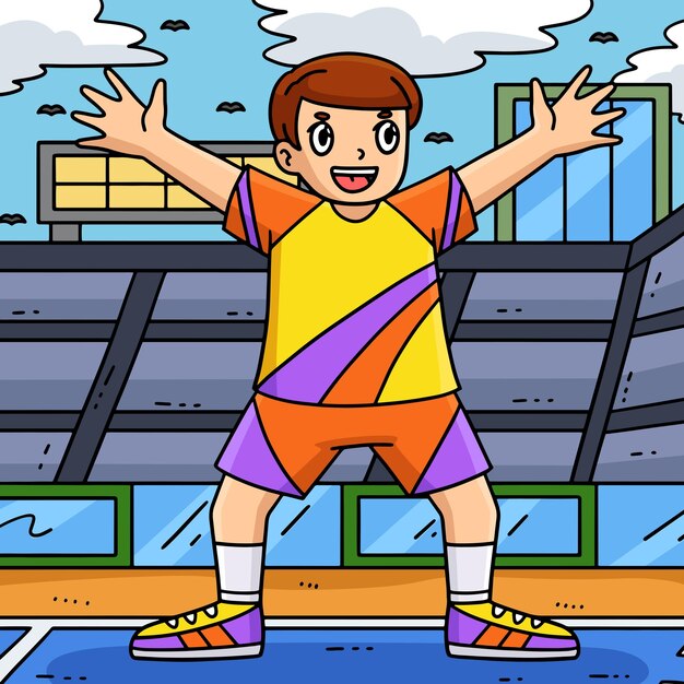 Posición de defensa del jugador de balonmano dibujos animados a color