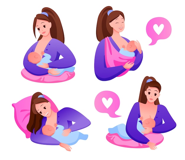 Vector posición de lactancia establecida. personaje de dibujos animados madre alimentando al bebé con leche del pecho
