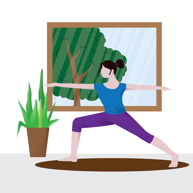 Posición de yoga silueta joven haciendo deporte de yoga en casa y relajante ilustración plana