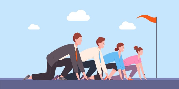 Vector posicionamiento de ejecución corporativa competencia empresarial lista para comenzar a comenzar carrera oficina rivalidad competidor desafío trabajador ejecutivo sprint pista línea espléndida ilustración vectorial