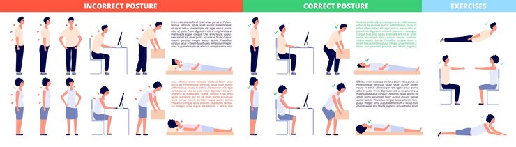 Vector posiciones correctas infografía de la postura posturas ergonómicas del cuerpo femenino hombres planos sentados en la computadora saludable columna vertebral insalubre cartel de vector completo