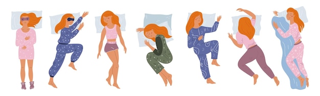 Posiciones para dormir de niña Mujer joven dormida en pijama Diferentes poses Sueños de dama bonita Almohadas de lino y manta Vista superior femenina dormida Descanso nocturno Persona acostada en la cama Conjunto de vectores llamativos