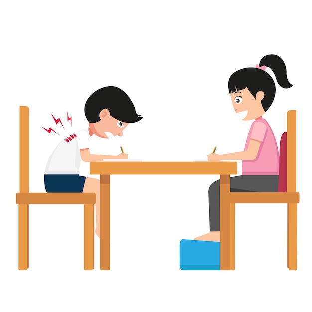 posiciones equivocadas y correctas para sentarse escribiendo en el vector de ilustración de libros