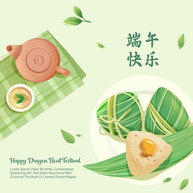 Post en las redes sociales para dragon boat con arroz con dumplings zongzi y té