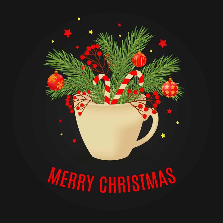 Vector postal con árbol de navidad y bolas en copa