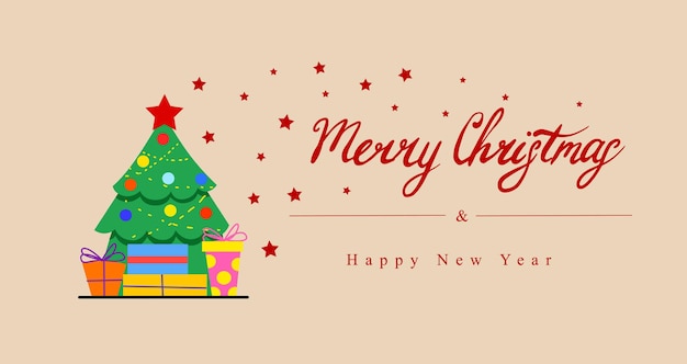 Una postal con un árbol de Navidad decorado y cajas de regalo con letras Feliz Navidad