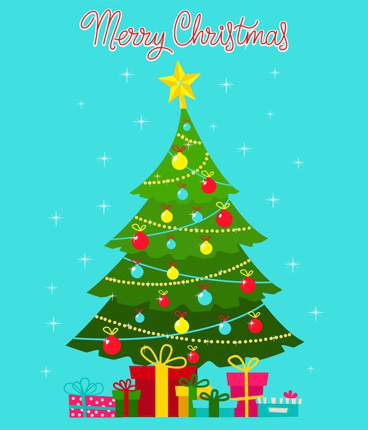 Una postal con un árbol de Navidad y regalos El año del tigre