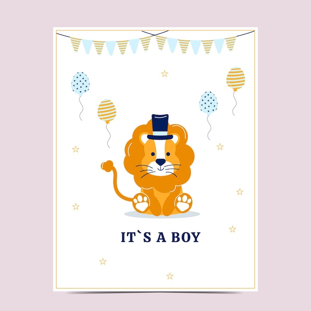 Postal baby shower es un niño con un león de dibujos animados vector