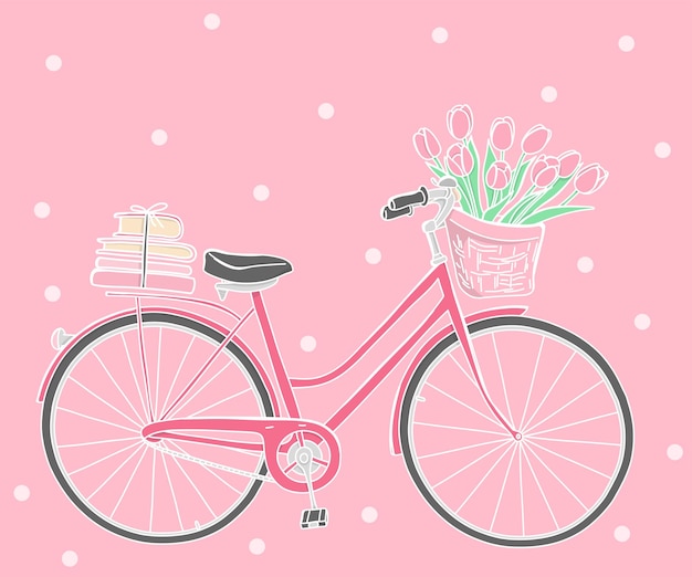 Vector postal con una bicicleta rosa y flores en una cesta de bicicleta