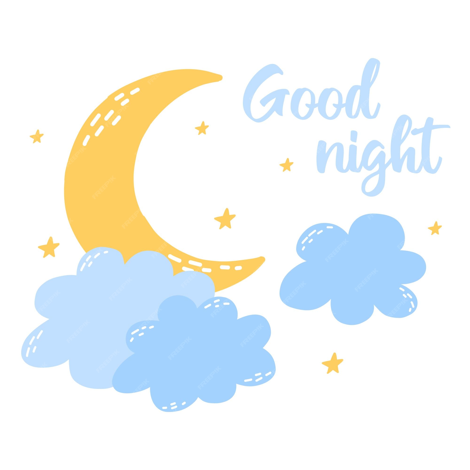 Postal de buenas noches cartel de niños lindos con nubes de luna y  estrellas ilustración vectorial en estilo de dibujos animados dibujados a  mano | Vector Premium