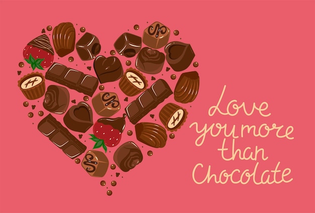 Vector postal con un corazón de chocolate y la inscripción te amo más que el chocolate. gráficos vectoriales.