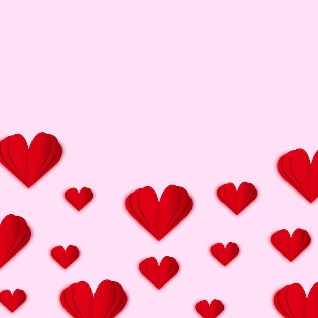 Postal de corazones de San Valentín. Elementos voladores de papel sobre fondo rosa. Símbolos vectoriales de amor en forma de corazón para el Día de San Valentín