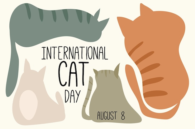 Vector postal para el día internacional del gato el 8 de agosto colección de diseño de personajes del día internacional del gato feliz con color plano ilustración con eslogan para ropa imprimir pancarta insignia cartel pegatina