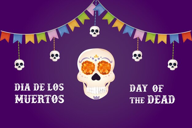 Postal dia de muertos calavera y flor de muerto