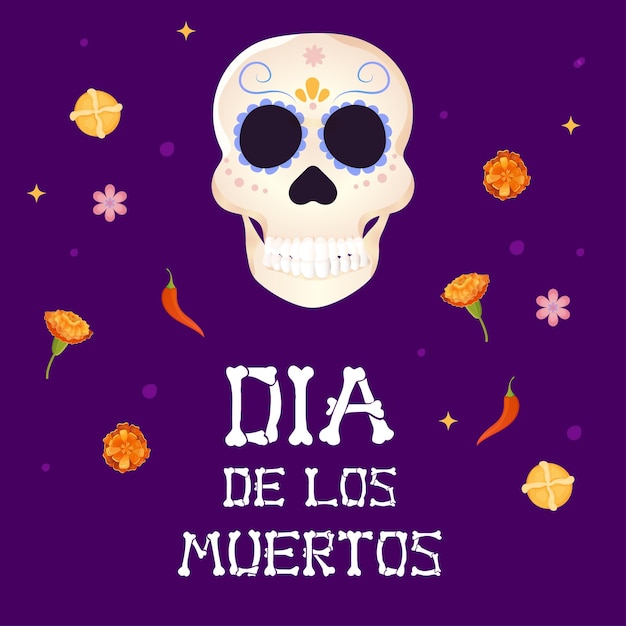 Postal dia de muertos calavera y flor de muerto