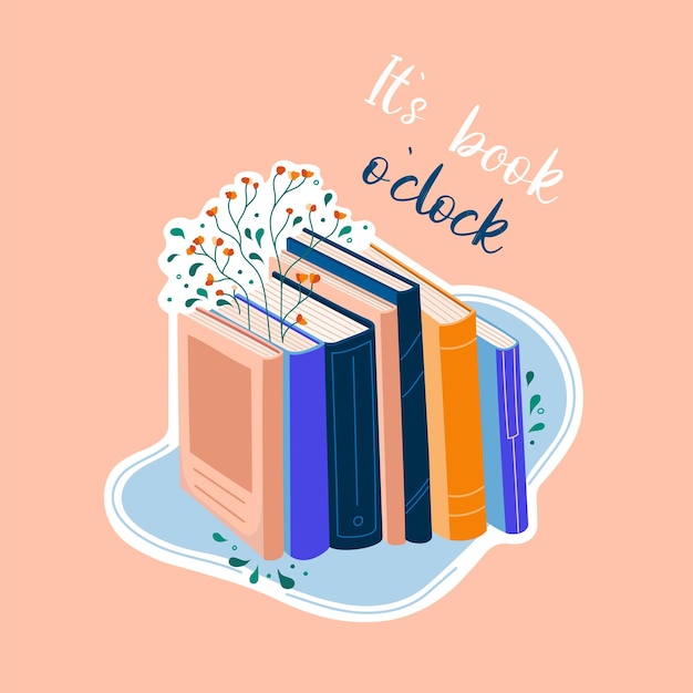 Vector postal para el día mundial del libro pila de libros para leer en estilo de diseño plano con plantas