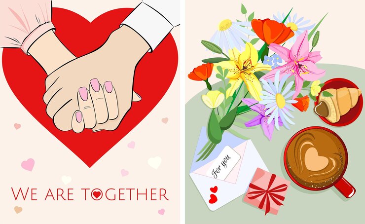 Postal para el Día de San Valentín, boda. Tomarse de la mano y dar regalos. Afiche, plantilla, tarjeta, invitación.