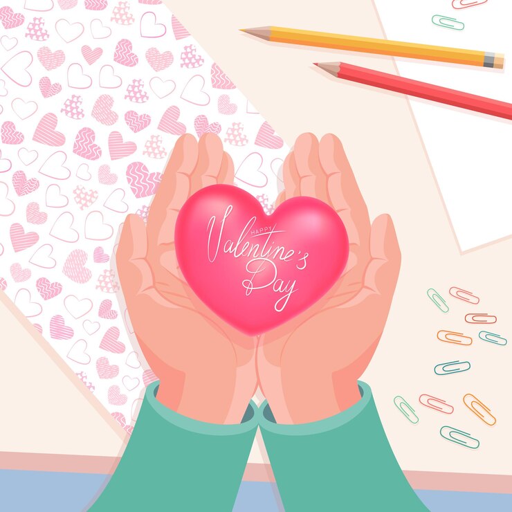 Vector postal para el día de san valentín manos masculinas con corazón y una inscripción de felicitación