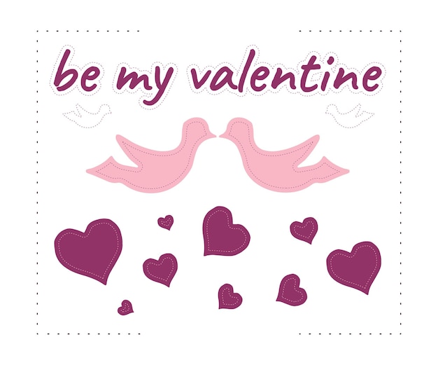 Postal del día de San Valentín Palomas enamoradas y corazones Dibujo de línea punteada Ilustración vectorial
