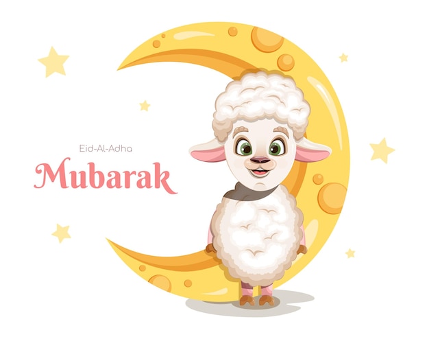 Postal eid al adha mubarak con alegre caricatura oveja y luna