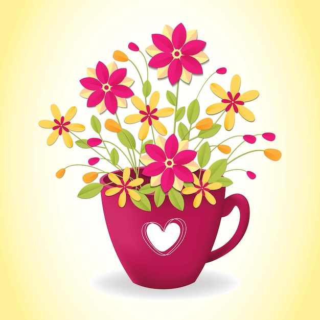 Vector postal en estilo de corte de papel flores en la taza rosa