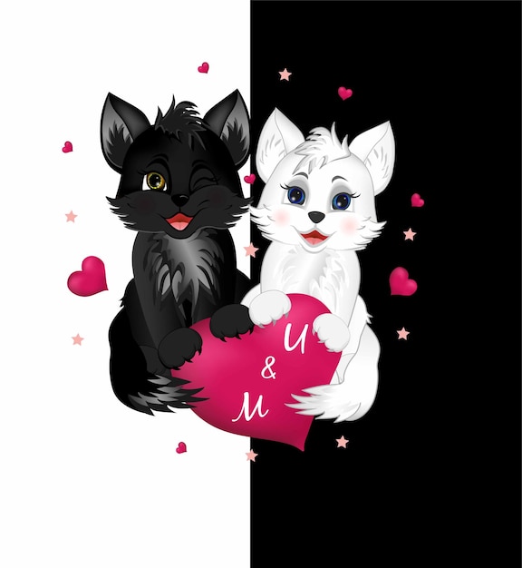 Postal de felicitación del Día de San Valentín feliz con corazones rosas y pequeños gatos blancos y negros lindos