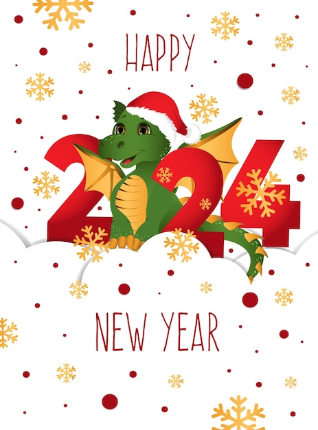 Postal de felicitación Feliz año nuevo 2024 con el símbolo del año dragón Diseño colorido en colores rojo amarillo verde