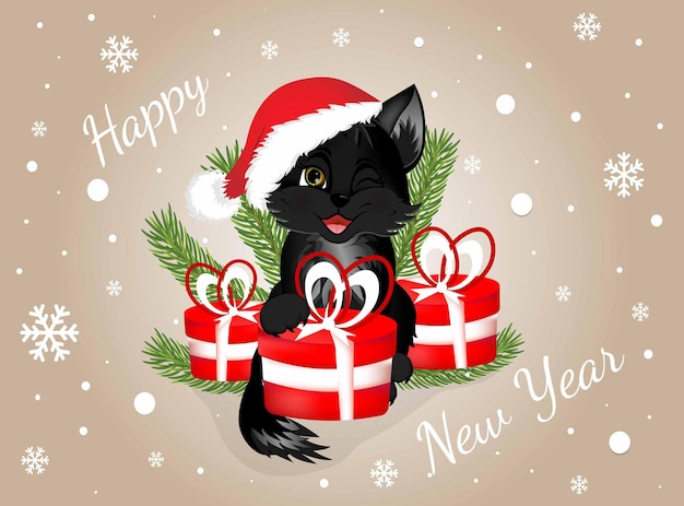 Vector postal de felicitación feliz año nuevo y feliz navidad con gato negro y cajas de regalos rojas