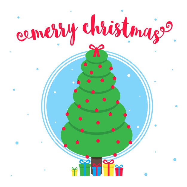 Postal de felicitación de feliz Navidad con abeto navideño y texto de estilo plano ilustración vectorial