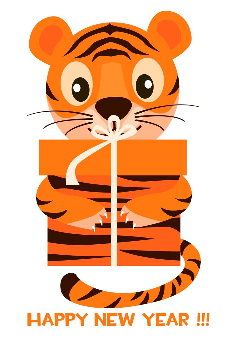 Vector postal feliz año nuevo tigre con regalo para diseño gráfico