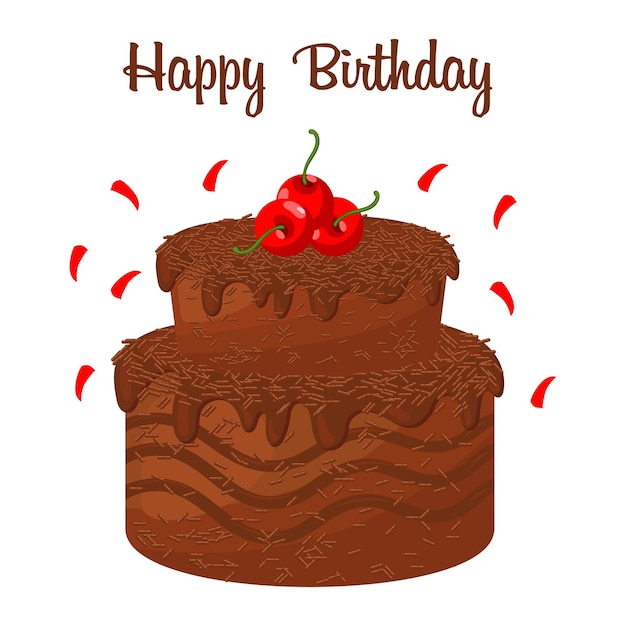 Postal Feliz Cumpleaños, pastel de chocolate de dos capas con cerezas. Fondo festivo, ilustración