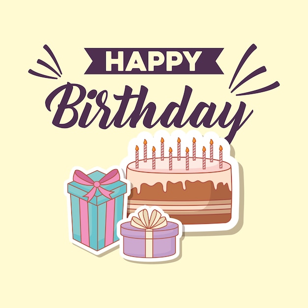 postal feliz cumpleaños con pastel y regalos