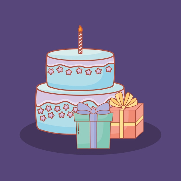 Vector postal feliz cumpleaños con pastel y regalos