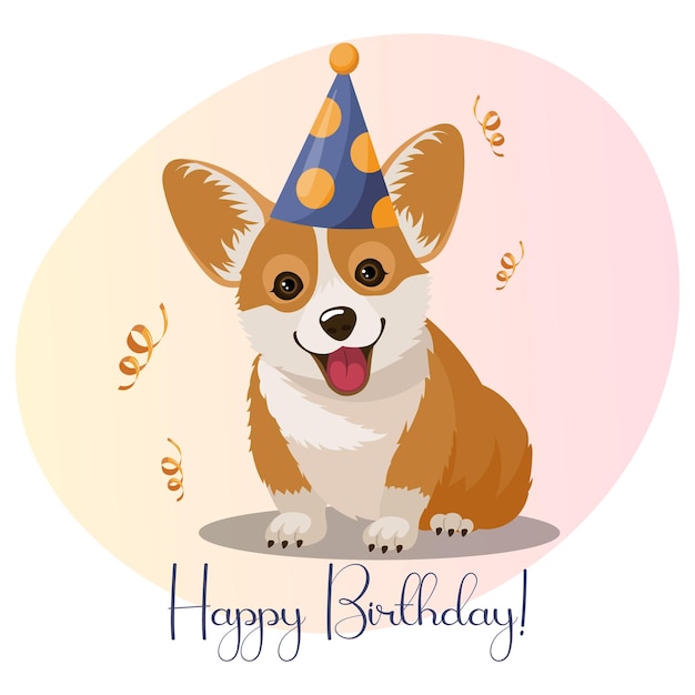 Postal Feliz cumpleaños, perro divertido con un sombrero festivo y serpentinas doradas. Ilustración, vector